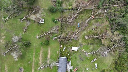 Aerial photo show fallen trees caused by Hurricane Helene in Alapaha, Tuesday, October 1, 2024. Recovery efforts continue Sunday across Georgia’s 159 counties after Helene barreled through the state, causing catastrophic damage, flooding and at least 17 deaths. More than 400,000 people were still without power statewide after Helene entered South Georgia as a Category 2 hurricane around 1 a.m. Friday. Homes were destroyed, and neighborhoods were flooded across the state. (Hyosub Shin / AJC)