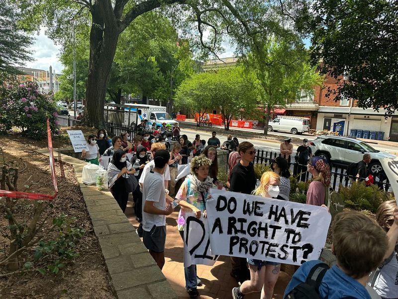 Demonstrators protesting Israel's war in Gaza gathered again at the University of Georgia's campus in Athens, Georgia, on Monday afternoon, April 29, 2024, hours after police broke up an earlier protest at UGA and arrested several demonstrators for trespassing. (Fletcher Page/The Atlanta Journal-Constitution/TNS)