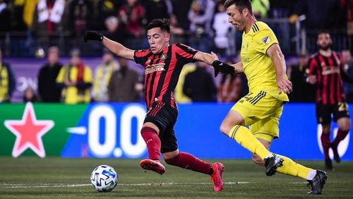 Atlanta United midfielder Ezequiel Barco #8 battles for the ball during the first half of the 2020 MLS season opener between Atlanta United FC and Nashville SC at Nissan Stadium in Nashville, Tennessee, on Saturday February 29, 2020. (Photo by Jacob Gonzalez/Atlanta United)