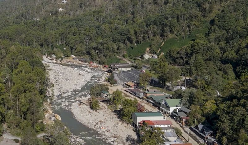 The town of Chimney Rock, N.C., is seen after flash flooding in the aftermath of Hurricane Helene, Wednesday, Oct. 2, 2024. (AP Photo/Mike Stewart)