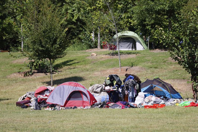 The Cooper Street encampment is home to about 60 people. Monday, Aug. 12, 2024. (Miguel Martinez / AJC)