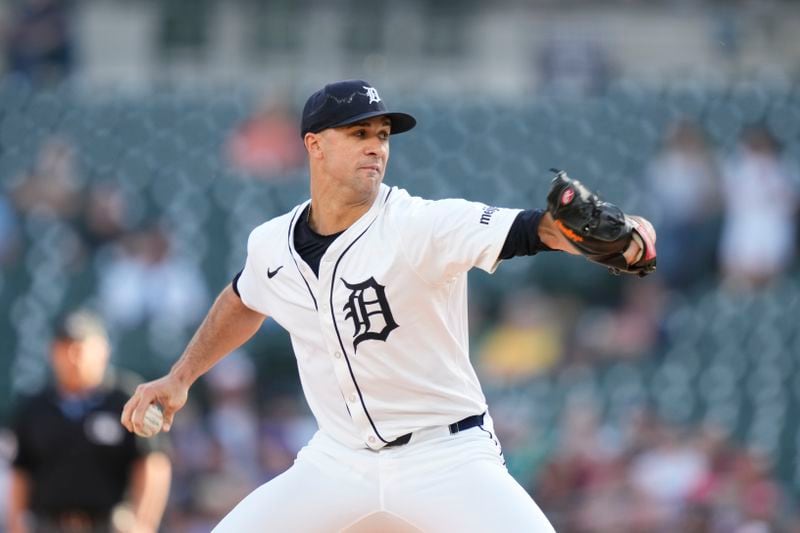 Detroit Tigers starting pitcher Jack Flaherty throws during the first inning of a baseball game against the Toronto Blue Jays, Thursday, May 23, 2024, in Detroit. (AP Photo/Carlos Osorio)