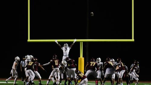 Tucker kicks an extra point during their game against Chamblee, October 6, 2023. (Jamie Spaar for the Atlanta Journal Constitution)