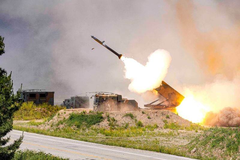 In this photo provided by the South Korea Defense Ministry, the South Korean Marine's Chunmoo multiple rocket launcher systems fire a missile during a live-fire drills at Yeonpyeong Island near maritime border with North Korea, South Korea, Wednesday, June 26, 2024. (South Korea Defense Ministry via AP)