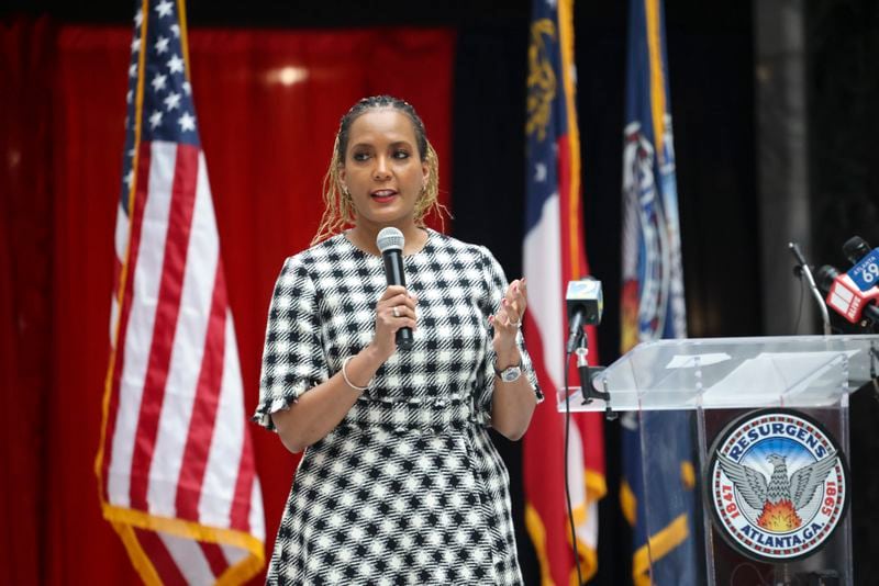 Former Atlanta Mayor Keisha Lance Bottoms speaks during the celebration commemorating the 50th anniversary of the inauguration of Mayor Maynard Jackson at the Atlanta City Hall Atrium, Monday, Jan. 8, 2024, in Atlanta. (Jason Getz / Jason.Getz@ajc.com)