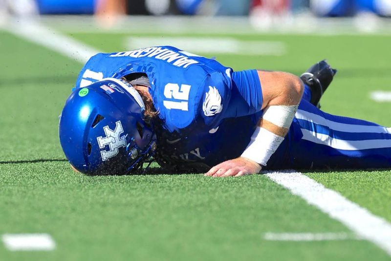 Kentucky quarterback Brock Vandagriff is knocked to the turf against South Carolina at Kroger Field on Saturday, Sept. 7, 2024, in Lexington, Kentucky. (Ryan C. Hermens/Lexington Herald-Leader/TNS)