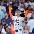 Detroit Tigers' Andy Ibanez celebrates his bases-clearing double against the Houston Astros in the eighth inning of Game 2 of an AL Wild Card Series baseball game Wednesday, Oct. 2, 2024, in Houston. (AP Photo/Kevin M. Cox)