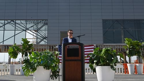 U.S. Transportation Secretary Pete Buttigieg speaks at the D Modular Unit Construction Yard near Hartsfield-Jackson Atlanta International Airport on Thursday, April 25, 2024. U.S. Transportation Secretary Pete Buttigieg joined local leaders Thursday at the world’s busiest airport to mark a milestone in one of the country’s major airport infrastructure initiatives. Buttigieg joined Atlanta Mayor Andre Dickens at the construction site where work is underway to build pieces of an expansion of Hartsfield-Jackson’s Concourse D. (Hyosub Shin / AJC)