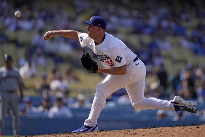 Los Angeles Dodgers relief pitcher Michael Grove throws to the plate during the ninth inning of a baseball game against the Cleveland Guardians, Sunday, Sept. 8, 2024, in Los Angeles. (AP Photo/Mark J. Terrill)