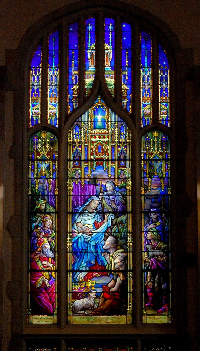 The "Advent" window at First Presbyterian Church of Atlanta is by Tiffany and depicts Mary, Joseph and baby Jesus in the stable.