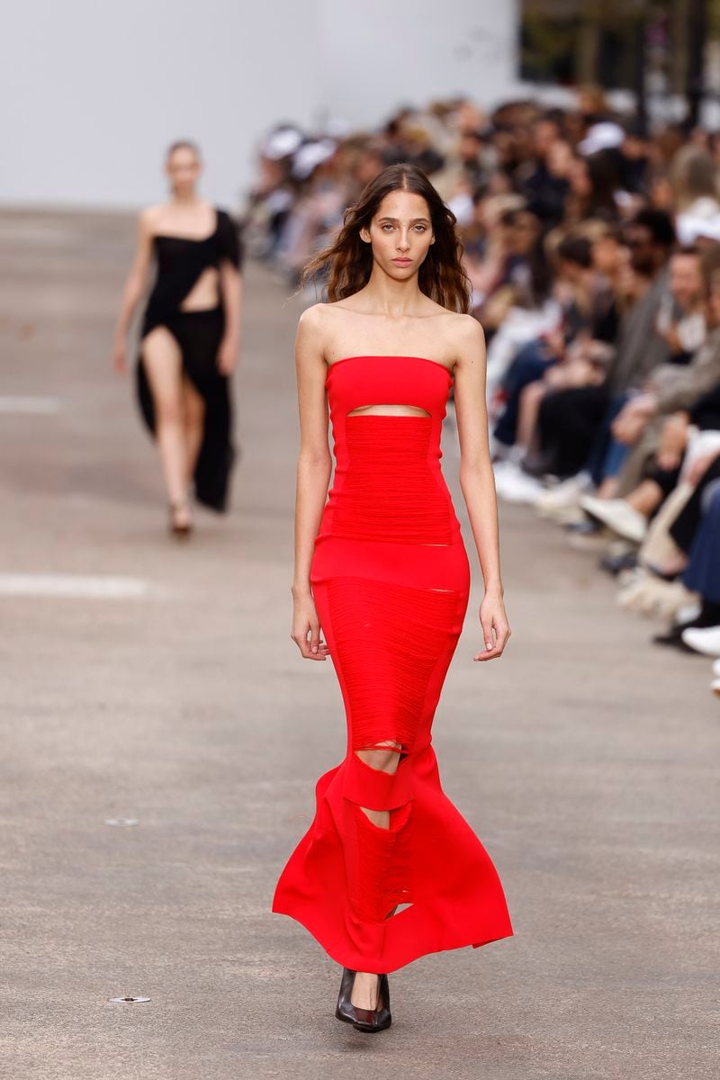 A model wears a creation as part of the Stella McCartney Spring/Summer 2025 collection presented Monday, Sept. 30, 2024 in Paris. (Photo by Vianney Le Caer/Invision/AP)