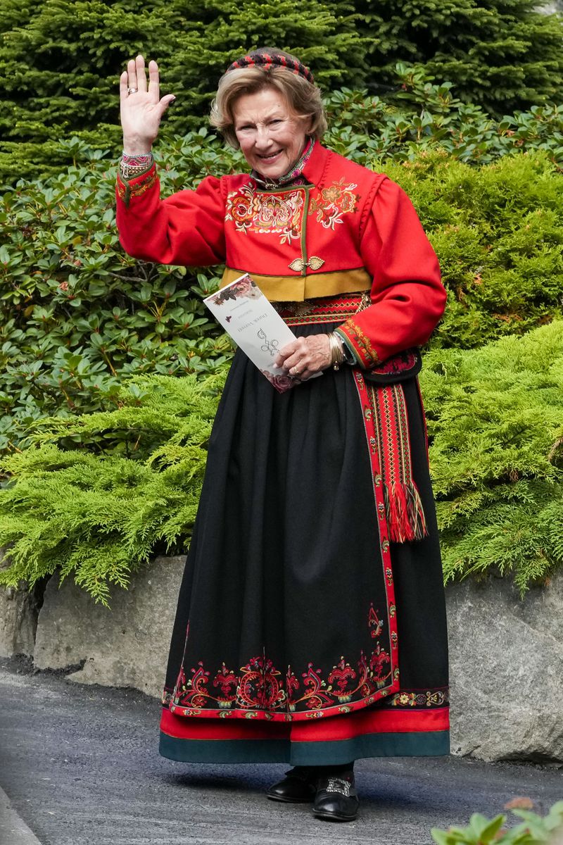 Queen Sonja of Norway attends the wedding of Norway's Princess Martha Louise and Durek Verrett, in Geiranger, Norway, Saturday Aug. 31, 2024. (Cornelius Poppe/NTB via AP)