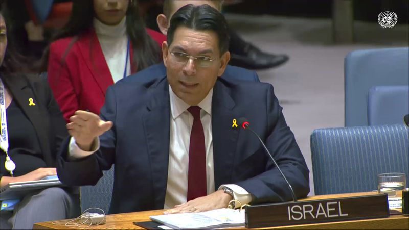 This image from United Nations Television, shows Israel Ambassador Danny Danon during a meeting of the United Nations Security Council, Wednesday, Oct. 2, 2024. (UNTV via AP)