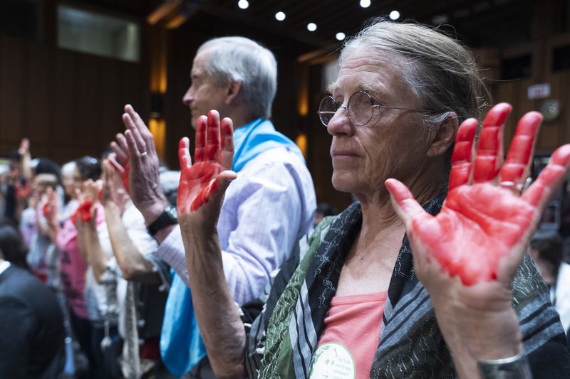 Protesters with palms painted red to resembles blood, hold their hands up during the Senate Homeland Security and Governmental Affairs Subcommittee on Investigations hearing to examine Boeing's safety, on Capitol Hill, Tuesday, June 18, 2024, in Washington. (AP Photo/Manuel Balce Ceneta)