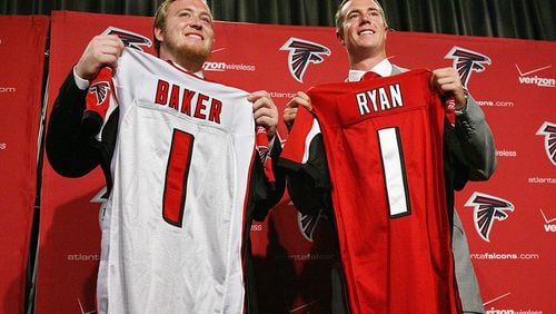 The Falcons drafted Sam Baker (left) with the 21st overall pick after taking quarterback Matt Ryan with the 3rd overall pick in the 2008 NFL Draft. The Falcons wheeled-and dealed, sending two second-round picks and a fourth round pick to the Washington Redskins to move to No. 21 overall.