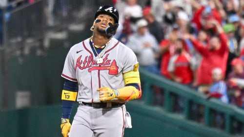 Atlanta Brave’ Ronald Acuna Jr. reacts after a fly out to the Philadelphia Phillies during the seventh inning of NLDS Game 4 at Citizens Bank Park in Philadelphia on Thursday, Oct. 12, 2023.   (Hyosub Shin / Hyosub.Shin@ajc.com)