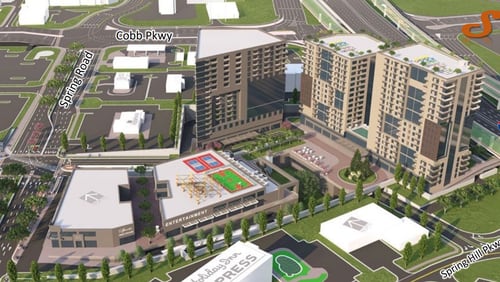 This is an early-stage concept rendering of the proposed South Spring mixed-use development project in Smyrna, which is close to The Battery and Truist Park.