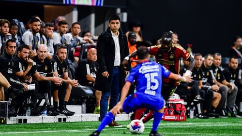 Atlanta United manager Gonzalo Pineda looks on from the sidelines during the match against Cruz Azul at Mercedes-Benz Stadium in Atlanta on Saturday, July 29, 2023. (Photo by Kyle Hess/Atlanta United)