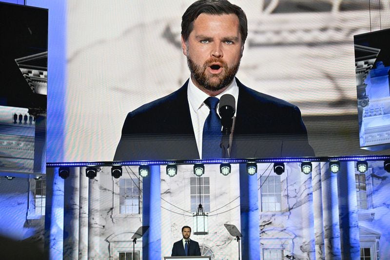 Republican vice presidential candidate Sen. JD Vance speaks during the third day of the Republican National Convention, Wednesday, July 17, 2024, in downtown Milwaukee, WI. (Hyosub Shin / AJC)