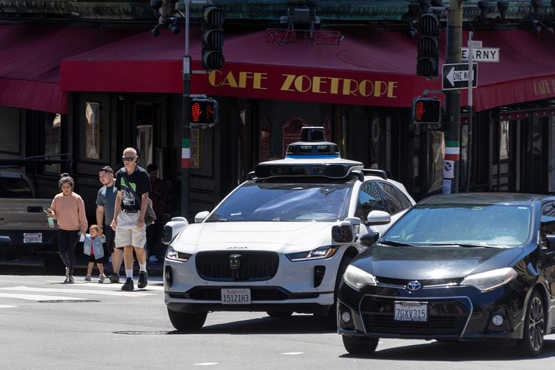 A Waymo autonomous vehicle drives on Columbus Avenue in San Francisco, California, Wednesday, Aug. 16, 2023. (Karl Mondon/Bay Area News Group/TNS)