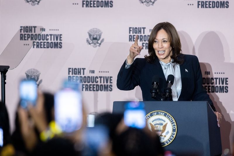 Vice President Kamala Harris speaks on her Fight for Reproductive Freedoms tour at Savannah Civic Center in Savannah on Tuesday, February 6, 2024. (Arvin Temkar / arvin.temkar@ajc.com)