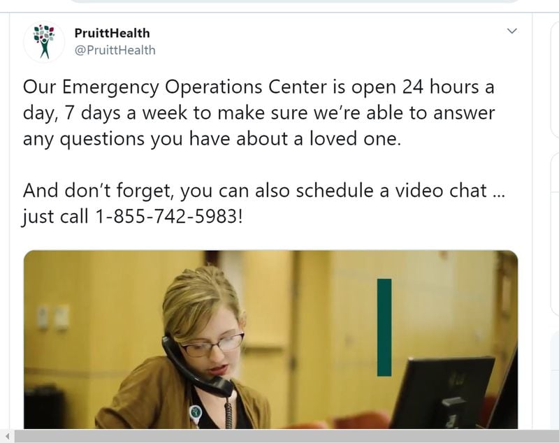 PruittHealth set up an emergency operations center in March so that families could get information on loved ones isolated in its nursing homes and assisted living facilities. One of its nursing homes in Albany has 35 residents who have tested positive for the cornavirus, and it is awaiting test results on another 38 residents. Seven residents have died from the outbreak.