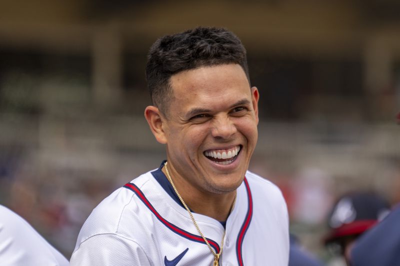 Atlanta Braves shortstop Orlando Arcia reacts during the 10th inning of a baseball game against the Toronto Blue Jays Sunday, Sept. 8, 2024, in Atlanta. (AP Photo/Erik Rank)