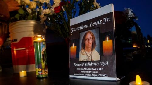 FILE - A memorial for Jonathan Lewis Jr. is set up in an alleyway near Rancho High School in eastern Las Vegas, Nov. 21, 2023. (AP Photo/Ty O'Neil, File)