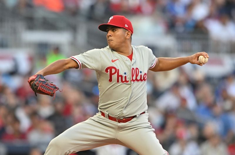 Philadelphia Phillies starting pitcher Ranger Suarez during second inning of Game 1 of the NLDS at Truist Park in Atlanta on Saturday, Oct. 7, 2023.  (Hyosub Shin / Hyosub.Shin@ajc.com)