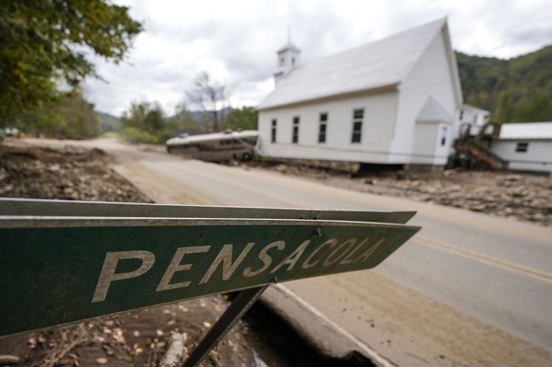 The town sign is seen in the aftermath of Hurricane Helene, Thursday, Oct. 3, 2024, in Pensacola, N.C. (AP Photo/Mike Stewart)