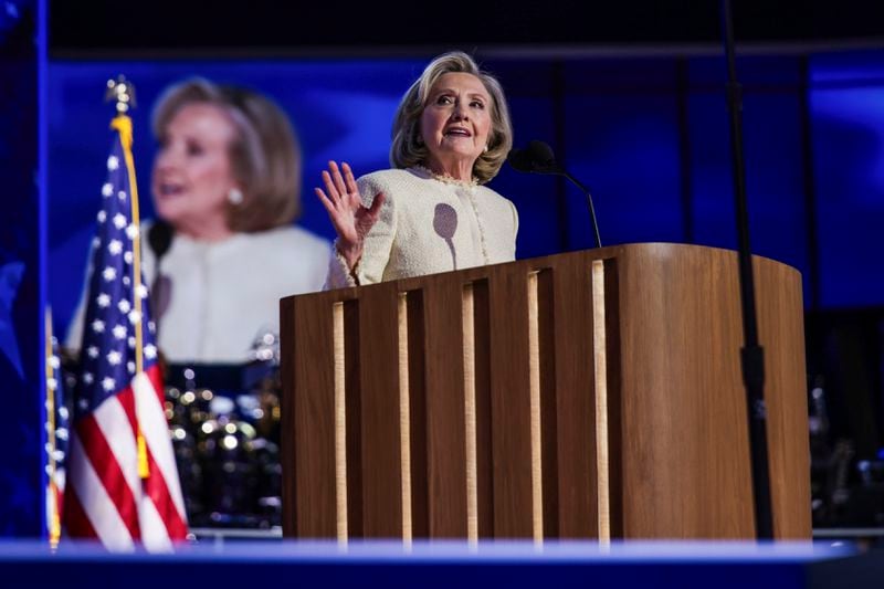 Former Secretary of State Hillary Clinton speaks during the Democratic National Convention, Monday, Aug. 19, 2024, in Chicago. (Gabrielle Lurie/San Francisco Chronicle via AP)