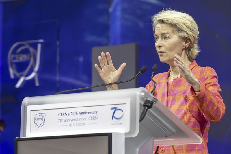 President of the European Commission Ursula von der Leyen speaks on the occasion of the celebration of CERN's 70th anniversary, at the European Organization for Nuclear Research (CERN), in Meyrin near Geneva, Switzerland, Tuesday, Oct. 1, 2024. (Salvatore Di Nolfi/Keystone via AP)