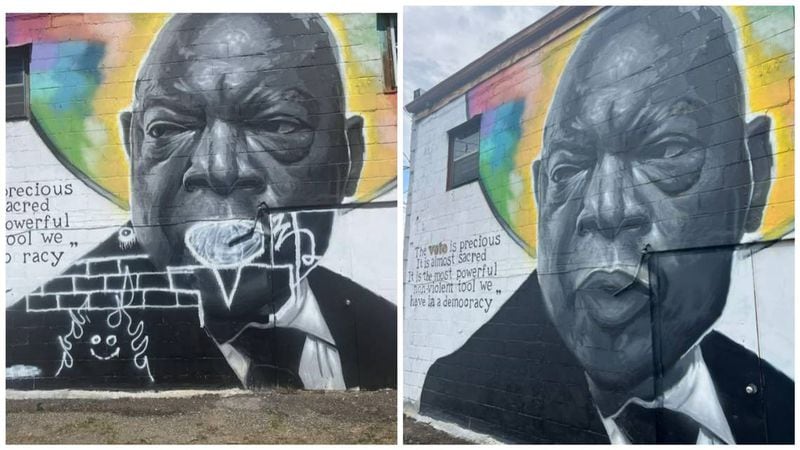 A mural of civil rights icon John Lewis shown after it was defaced with spray paint Friday afternoon, and the restored version shown Monday morning. Courtesy Warner Robins Police Department and Kevin "Scene" Lewis. (Courtesy of Warner Robins Police Department and Kevin 'Scene' Lewis)