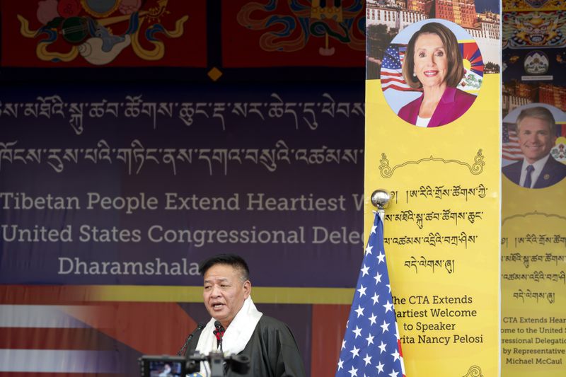 President of the Central Tibetan Administration, Penpa Tsering speaks at a public event during which a US delegation lead by Republican Rep. Michael McCaul was felicitated by the Tibetan exiled government officials at the Tsuglakhang temple in Dharamshala, India, Wednesday, June 19, 2024. (AP Photo/Ashwini Bhatia)