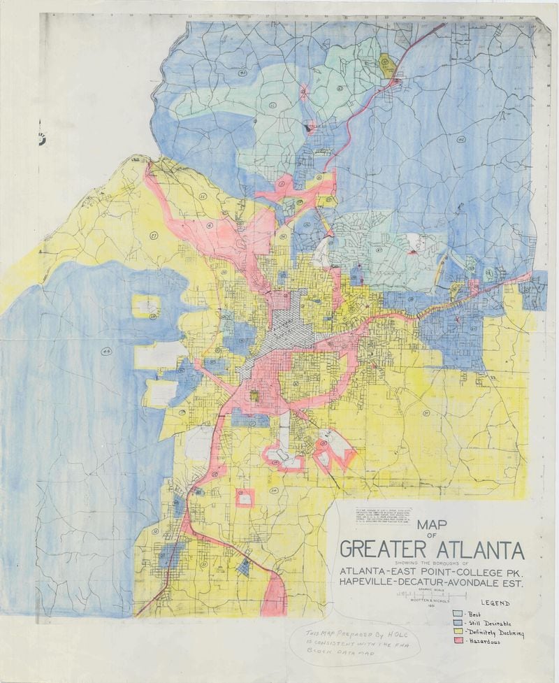 Alec Morgan, a field agent for the mortgagee rehabilitation division of the Home Owners' Loan Corporation created this map of Atlanta in 1936. Rendered in India ink and watercolor, this early map shows colors that correspond to perceived levels of lending risks in neighborhoods. Source: National Archives via Todd Michney