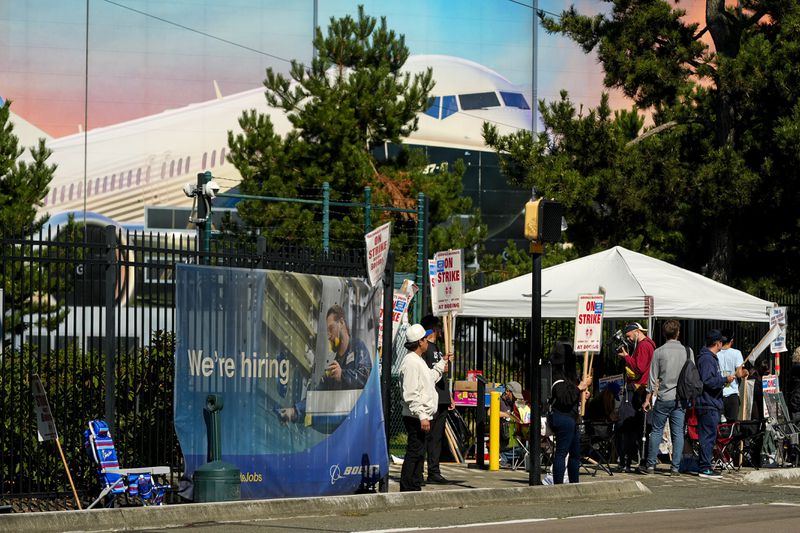 Boeing workers hold picket signs as they strike Tuesday, Sept. 24, 2024, outside the company's factory in Renton, Wash. (AP Photo/Lindsey Wasson)