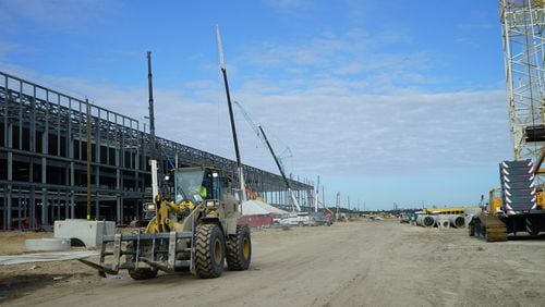 A view of construction progress at the future site of Hyundai Motor Group's 'Metaplant' in Bryan County near Savannah is shown on October 25, 2023. The $7.6 billion factory electric vehicle and battery plant is expected to begin production in early 2025. (Drew Kann@drew.kann@ajc.com