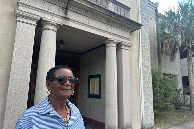 Yvonne Grovner, a resident of Sapelo Island, stands outside the McIntosh County courthouse in Darien, Ga., on Friday, Sept. 20, 2024. (AP Photo/Russ Bynum)