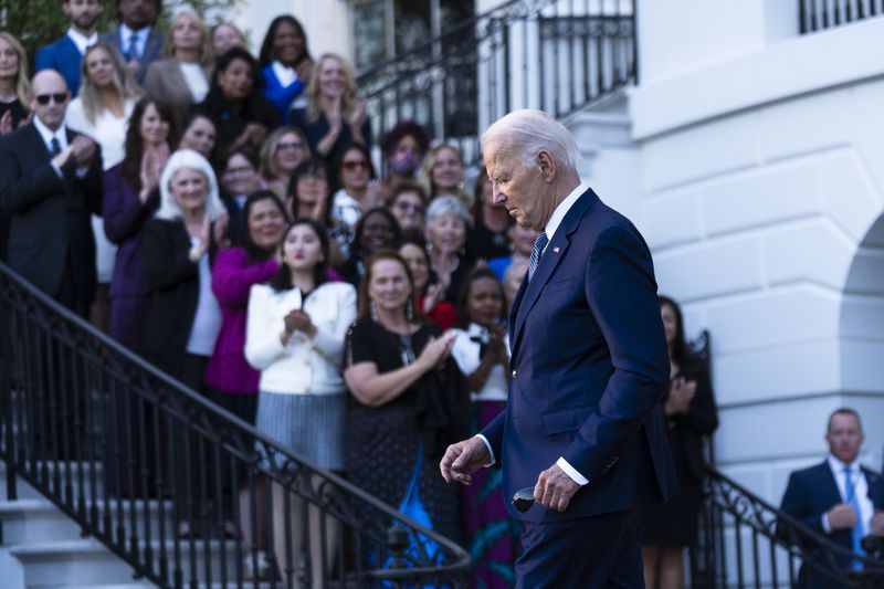 President Joe Biden walks from the stage after speaking at the Violence Against Women Act 30th anniversary celebration on the South Lawn of the White House, Thursday, Sept. 12, 2024, in Washington. (AP Photo/Manuel Balce Ceneta)