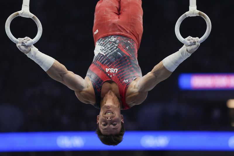 Brody Malone competes on the still rings at the United States Gymnastics Olympic Trials on Saturday, June 29, 2024, in Minneapolis. (AP Photo/Charlie Riedel)