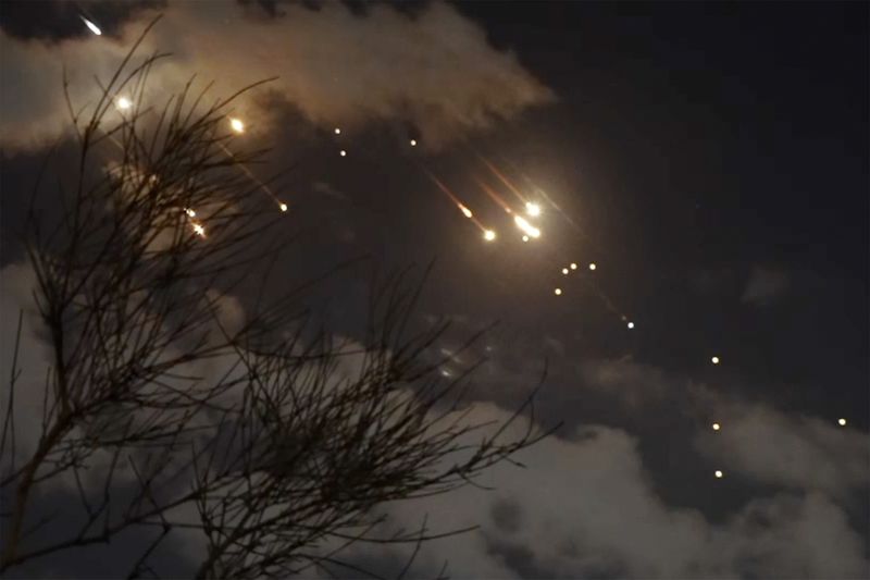 In this image taken from video shows projectiles being intercepted over Jerusalem, Israel, Tuesday, Oct. 1, 2024. (AP Photo)