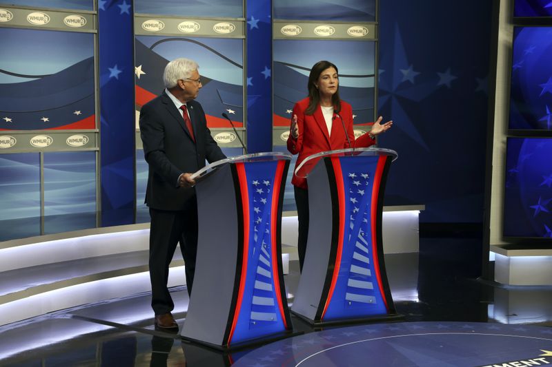 Former U.S. Sen. Kelly Ayotte, right, speaks during a Republican gubernatorial candidate debate with former state Senate president Chuck Morse on Tuesday, Sept. 3, 2024, in Manchester, N.H. (Derek Stokely/WMUR-TV via AP)