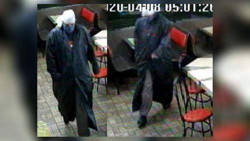 These are surveillance photos of a suspect accused of an armed robbery at a Waffle House in Gainesville.