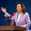 Vice President Kamala Harris speaks at a Juneteenth Block Party campaign event outside her new campaign headquarters in Atlanta on Tuesday, June 18, 2024. (Arvin Temkar / AJC)