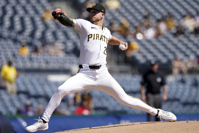 Pittsburgh Pirates starting pitcher Bailey Falter delivers during the first inning of a baseball game against the Miami Marlins, Wednesday, Sept. 11, 2024, in Pittsburgh. (AP Photo/Matt Freed)