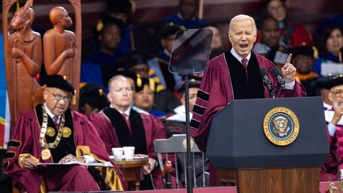 President Joe Biden speaks last month at the commencement ceremony at Morehouse College in Atlanta. On Monday the Biden administration stepped up its efforts to highlight his track record with Black Americans, inviting regional reporters to the White House to speak with several senior staff members ahead of a Juneteenth celebration and concert. (Arvin Temkar / AJC)