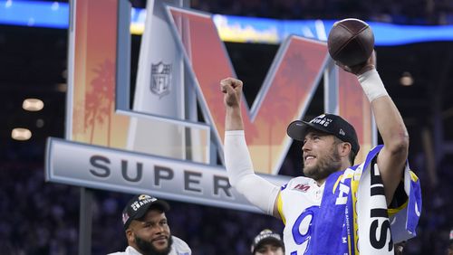 Rams quarterback Matthew Stafford celebrates after LA defeated the Cincinnati Bengals in the Super Bowl. (AP Photo/Marcio Jose Sanchez)