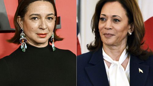 Maya Rudolph appears at the Time100 Gala in New York on April 25, 2024, left, and Vice President Kamala Harris appears at a luncheon for Japanese Prime Minister Fumio Kishida at the State Department in Washington on April 11, 2024. (AP Photo)