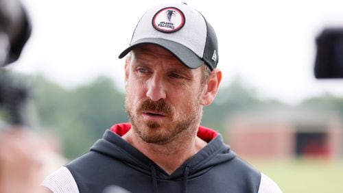 Falcons defensive coordinator Ryan Nielsen addresses the press moments before the team gathers for a minicamp at the team's training camp in Flowery Branch, Ga., on Wednesday, June 14, 2023.
 Miguel Martinez / miguel.martinezjimenez@ajc.com