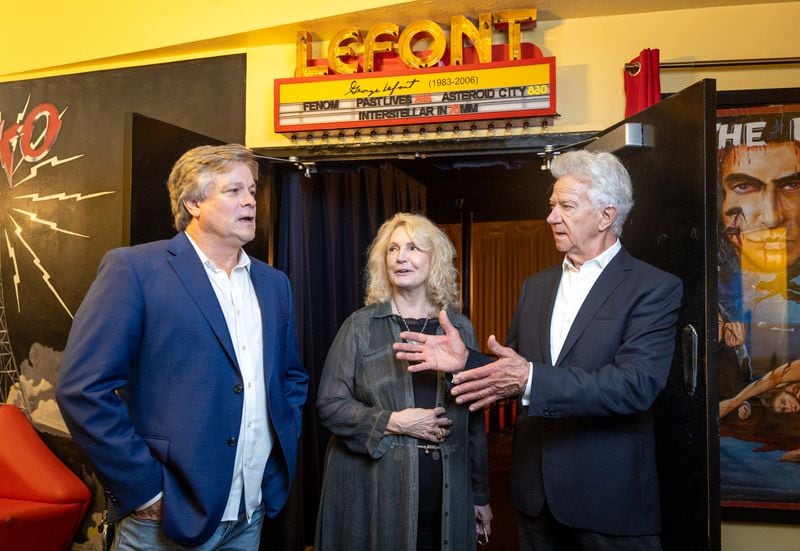 Ric Reitz (from left), Shea Griffin and Wilbur Fitzgerald speak to a reporter about Georgia’s film industry at the Plaza Theatre in Atlanta.   (Arvin Temkar / arvin.temkar@ajc.com)